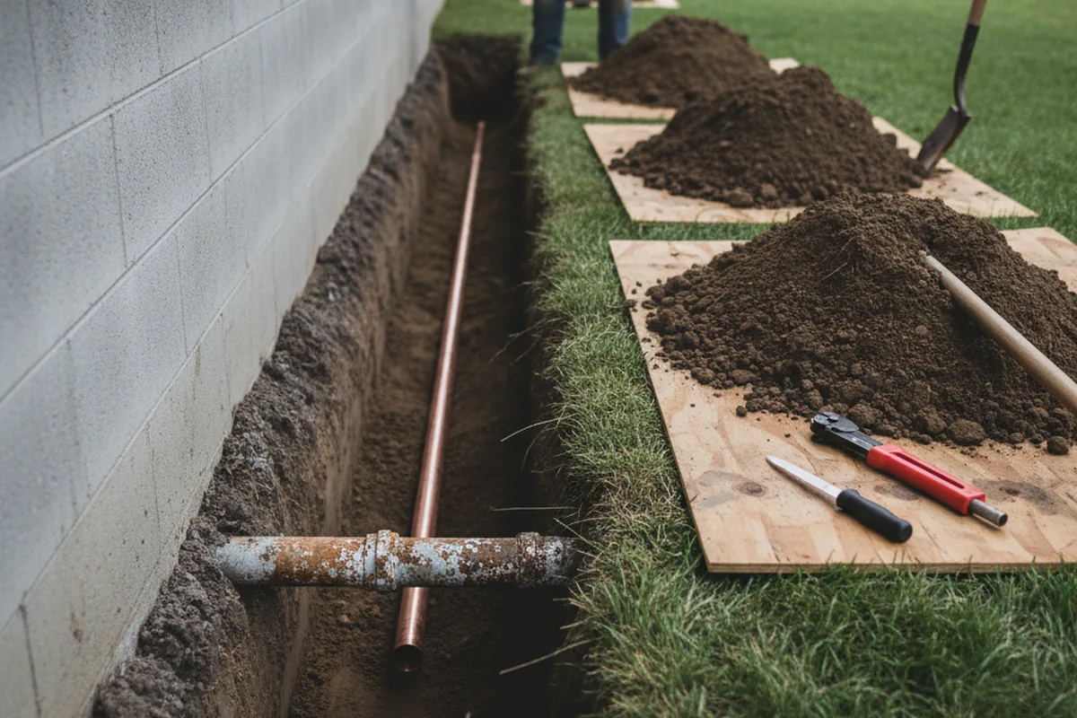 Excavated water line trench during Water Heater Repair in Secor